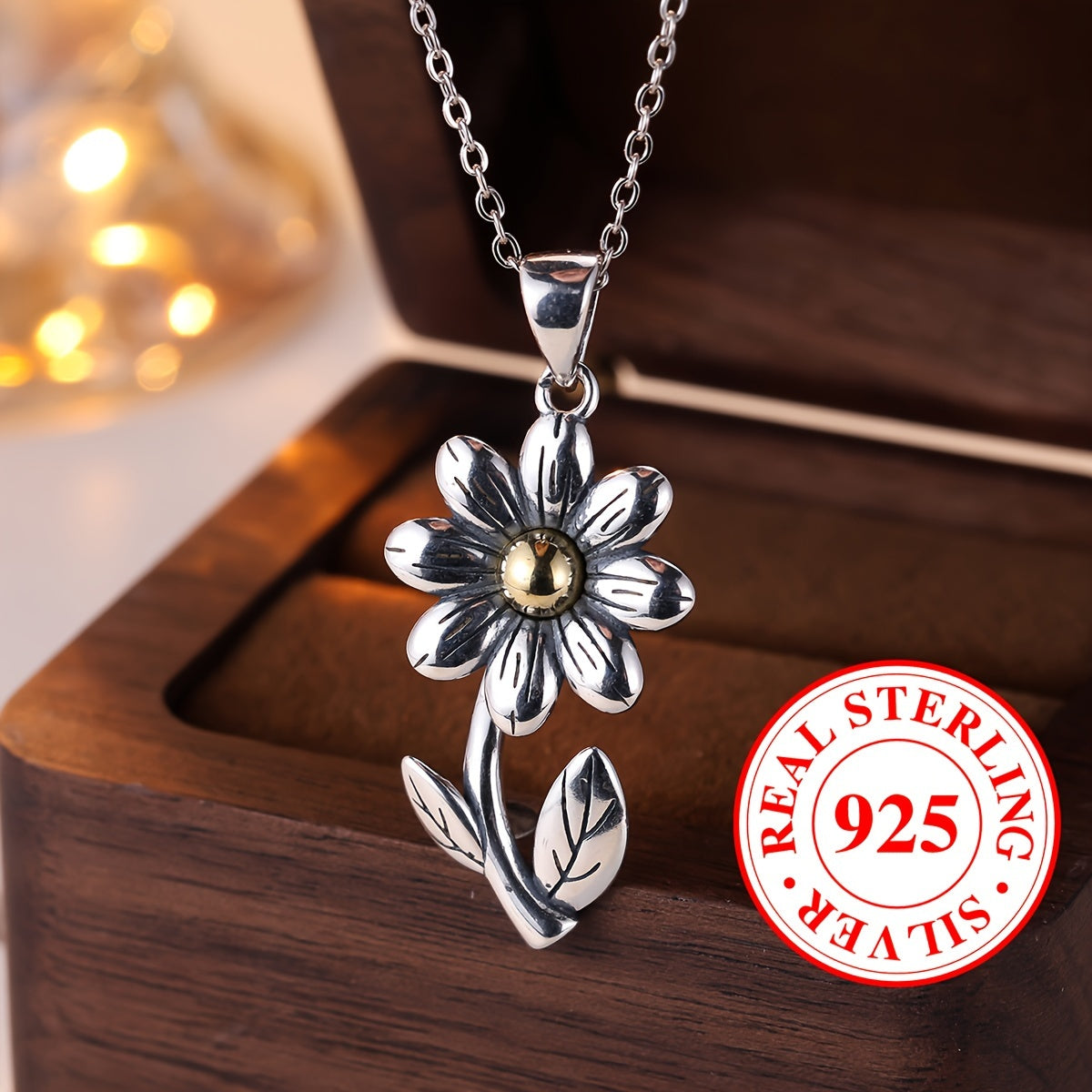 925 Sterling Silver Small Daisy Pendant Necklace, Boho Style