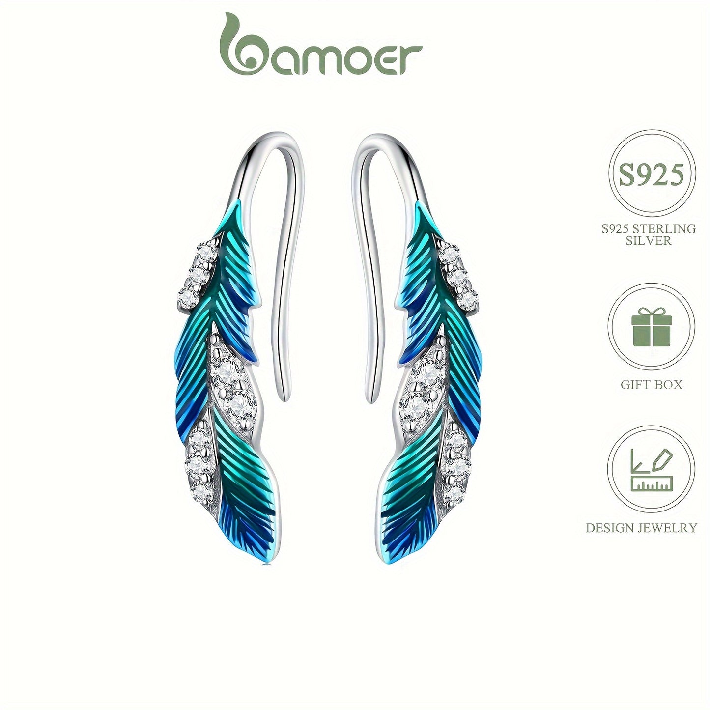 Sterling 925 Silver Feather Design Dangle Earrings